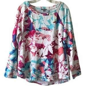 T by Talbots Women's Top M Multicolor Abstract Floral LS UPF 50+ Slub Terry
